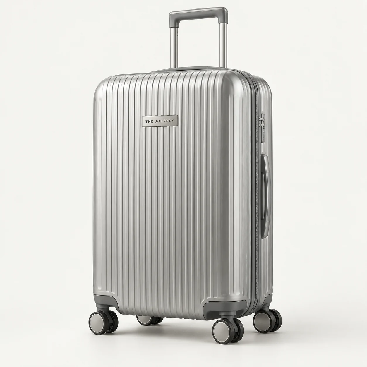 Conceptillustratie van de The Journey-koffer in zilver; geen foto van het definitieve product